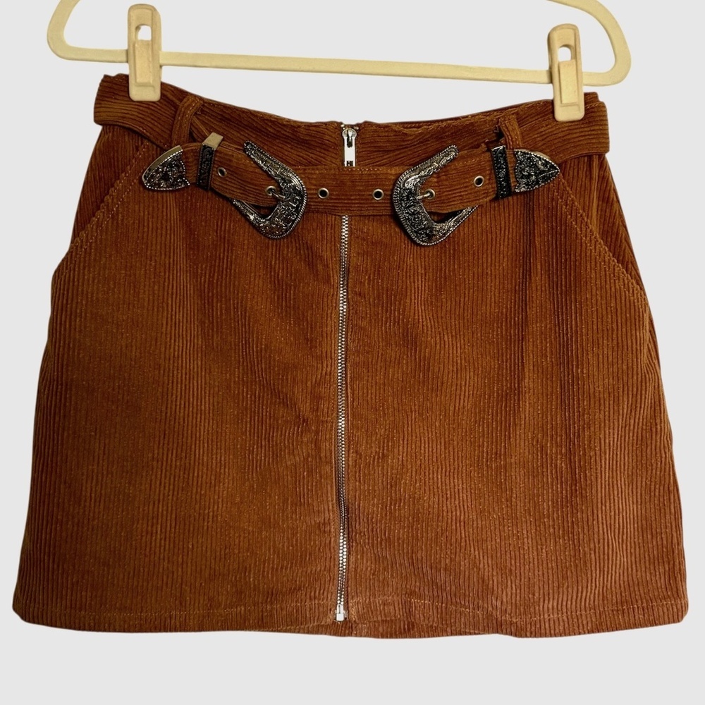 Signature8 Brown Corduroy Mini Skirt with‎ Western Belt Size Large